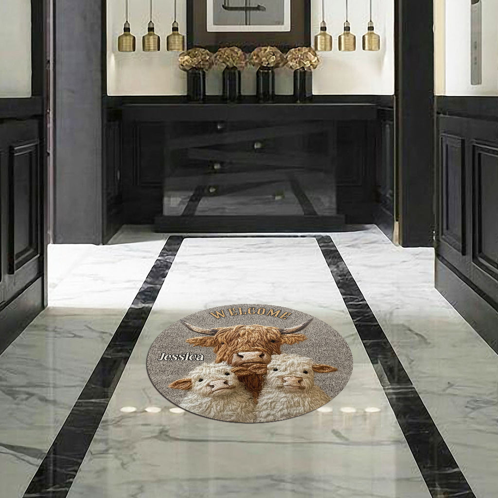 Love Highland Cow Welcome - Personalized Highland Cow Shaped Doormat/ Rug