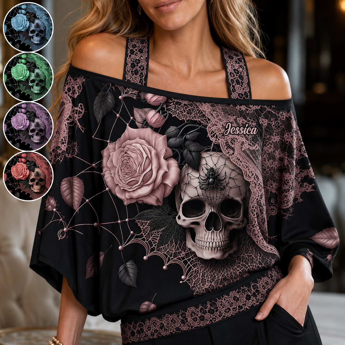 Beautiful Rose Skull - Personalized Skull Off-Shoulder Top Set