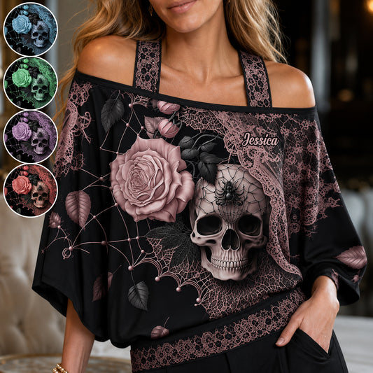 Beautiful Rose Skull - Personalized Skull Off-Shoulder Top Set