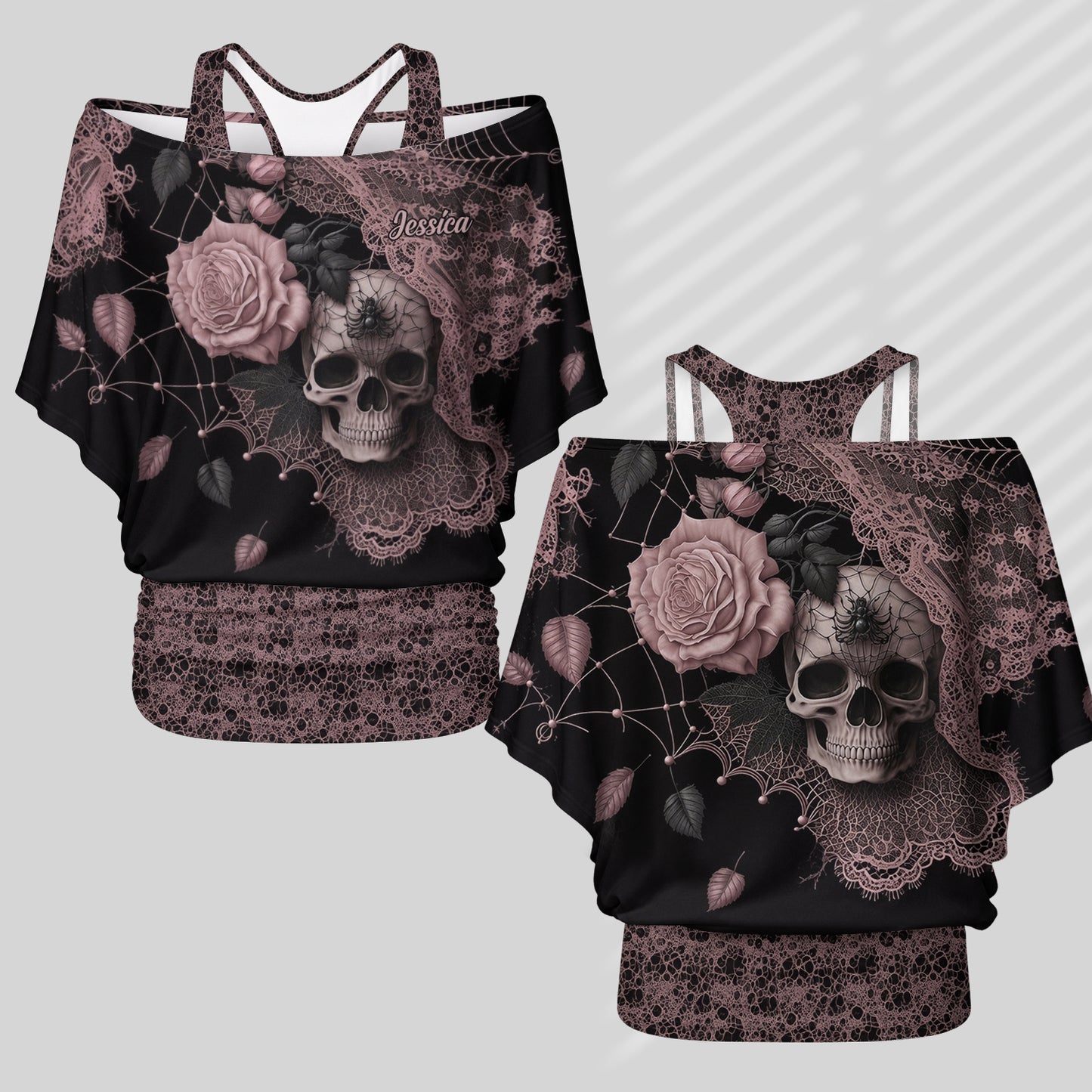Beautiful Rose Skull - Personalized Skull Off-Shoulder Top Set