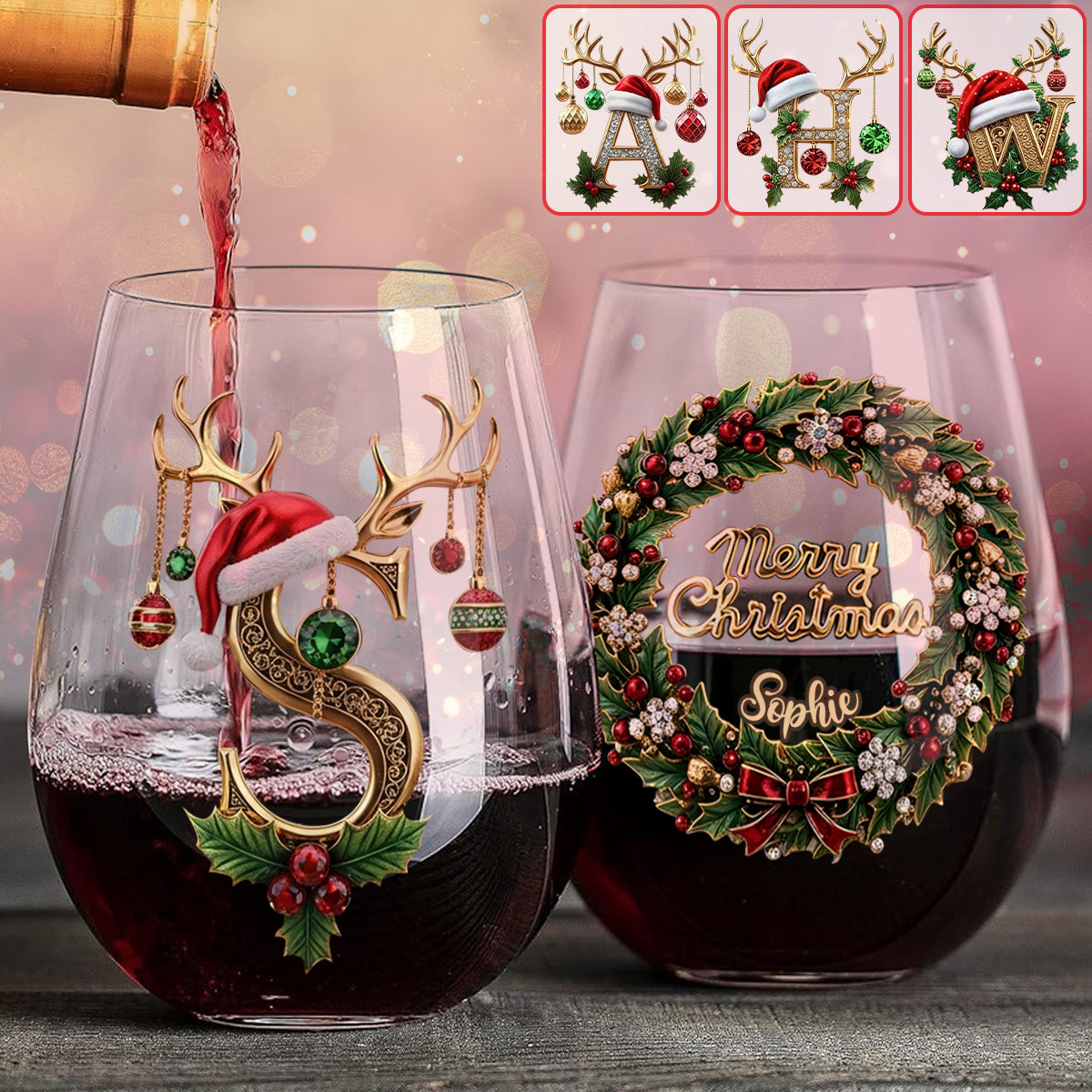 Merry Christmas Initial Name Alphabet - Personalized Family All Over Wine Glass