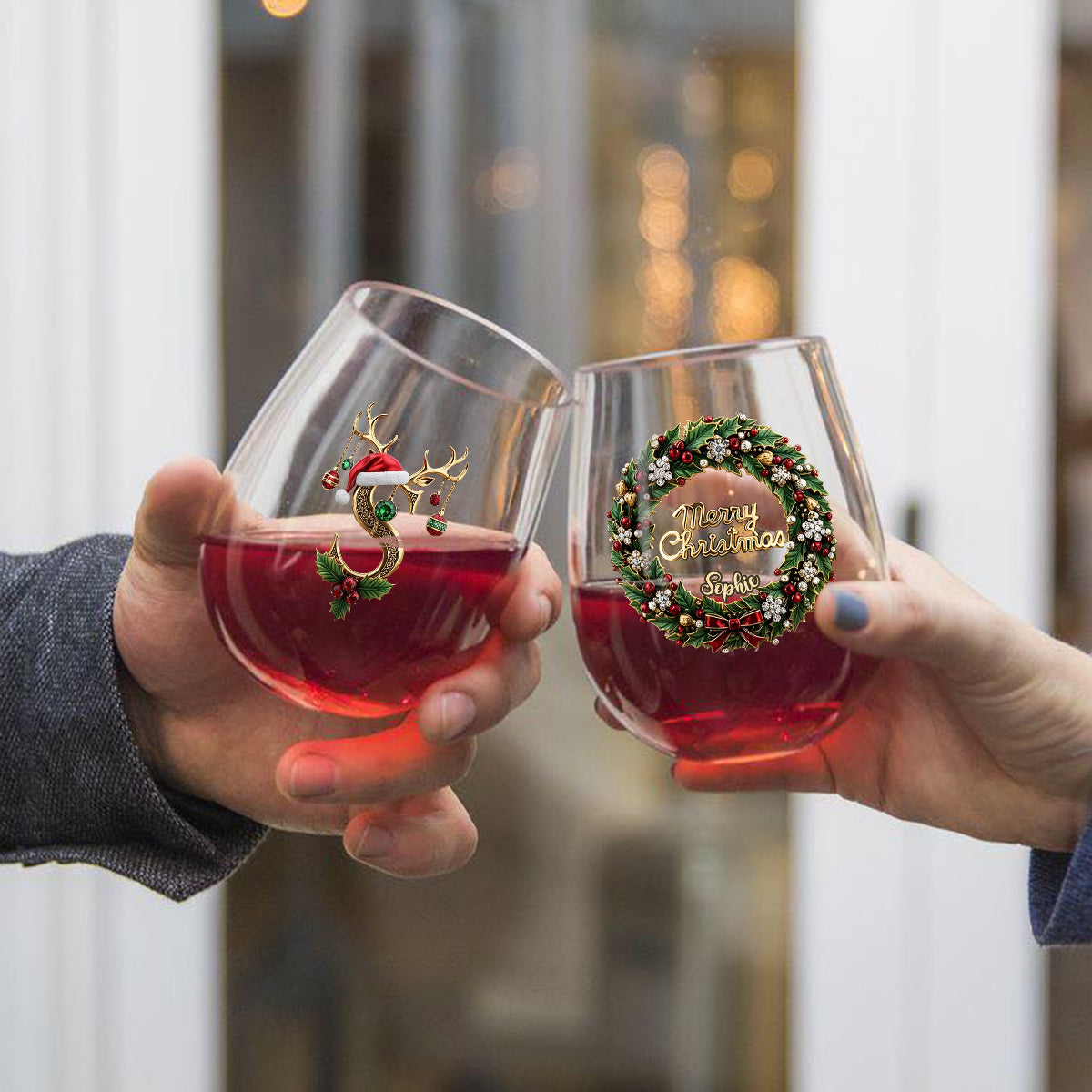 Merry Christmas Initial Name Alphabet - Personalized Family All Over Wine Glass