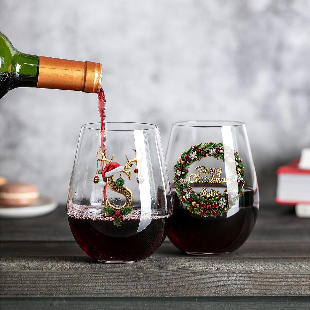 Merry Christmas Initial Name Alphabet - Personalized Family All Over Wine Glass