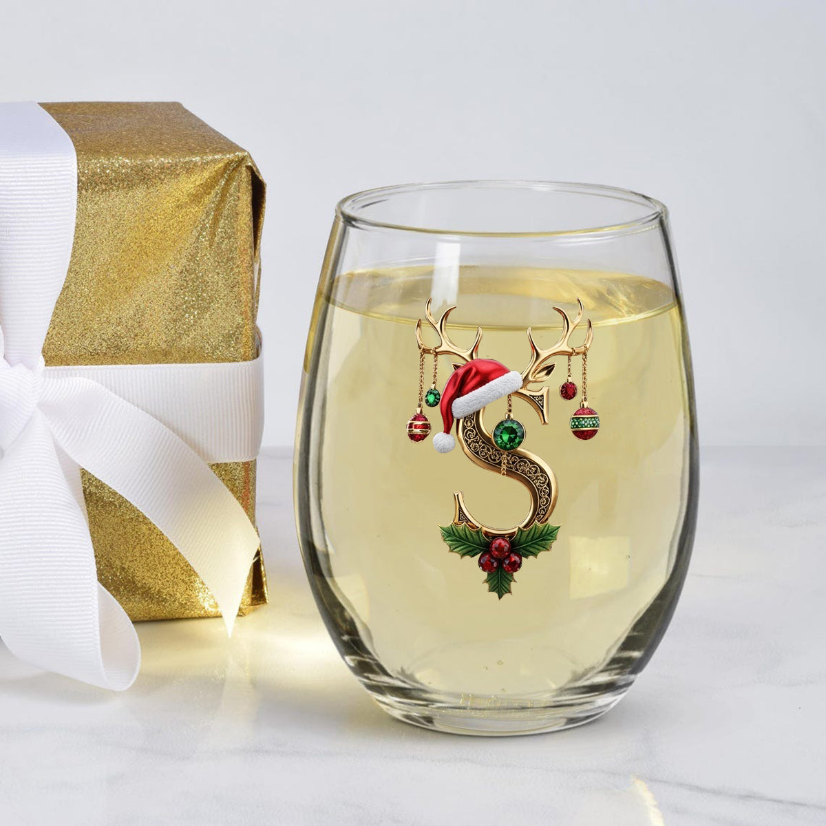 Merry Christmas Initial Name Alphabet - Personalized Family All Over Wine Glass
