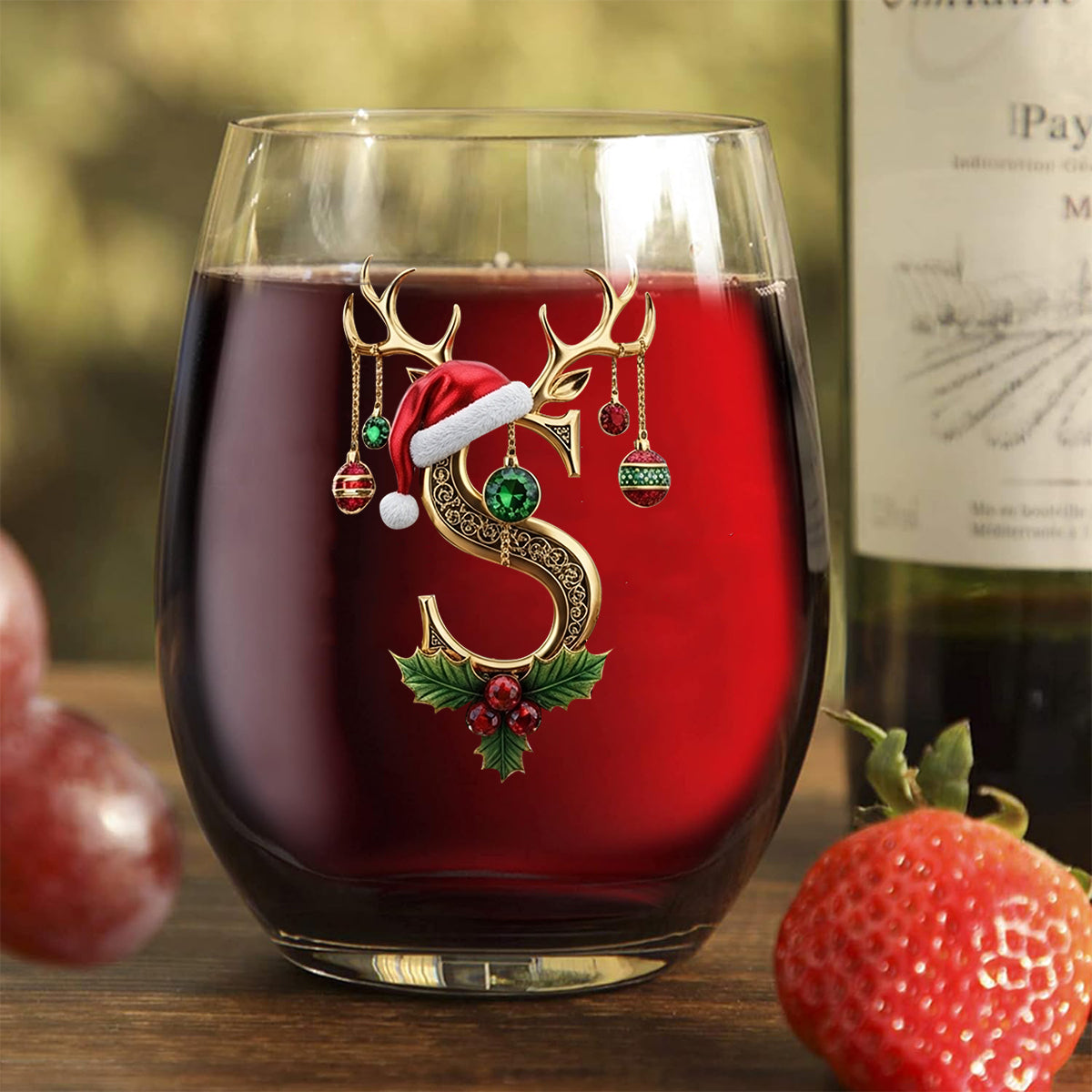 Merry Christmas Initial Name Alphabet - Personalized Family All Over Wine Glass