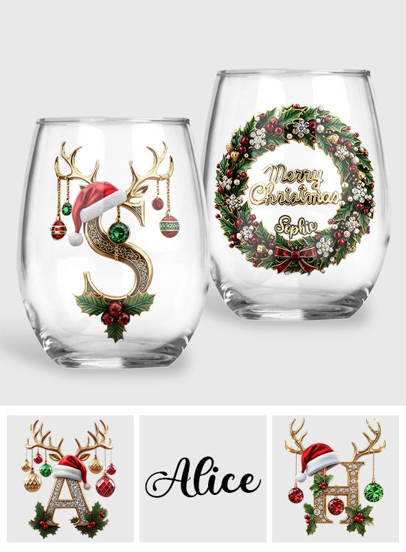 Merry Christmas Initial Name Alphabet - Personalized Family All Over Wine Glass