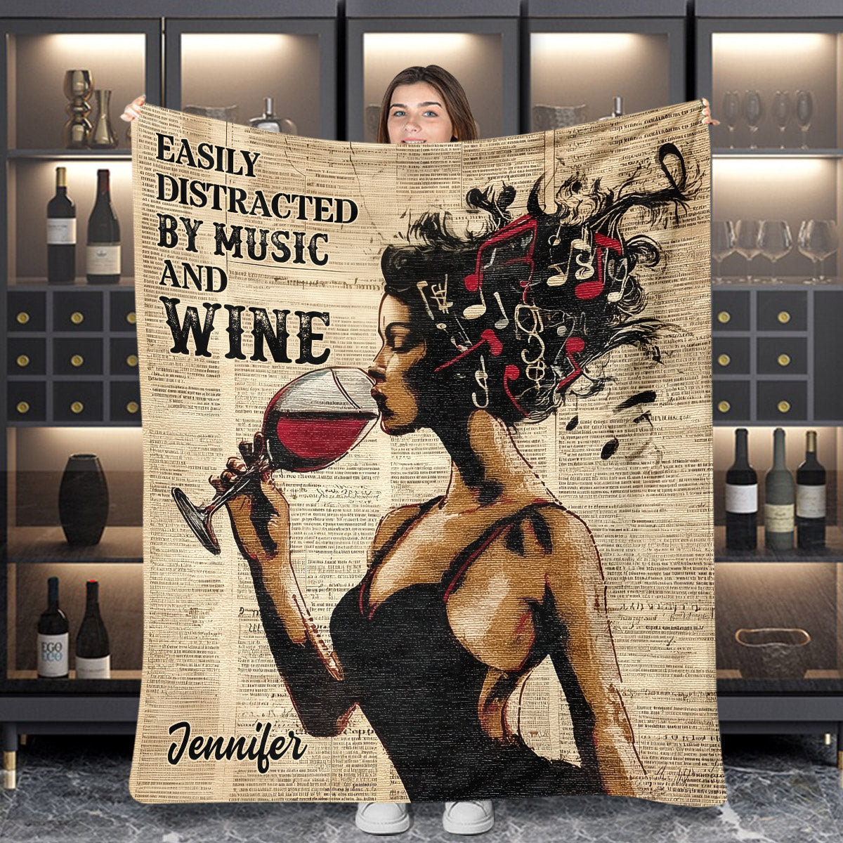 Easily Distracted by Music and Wine - Personalized Wine Blanket