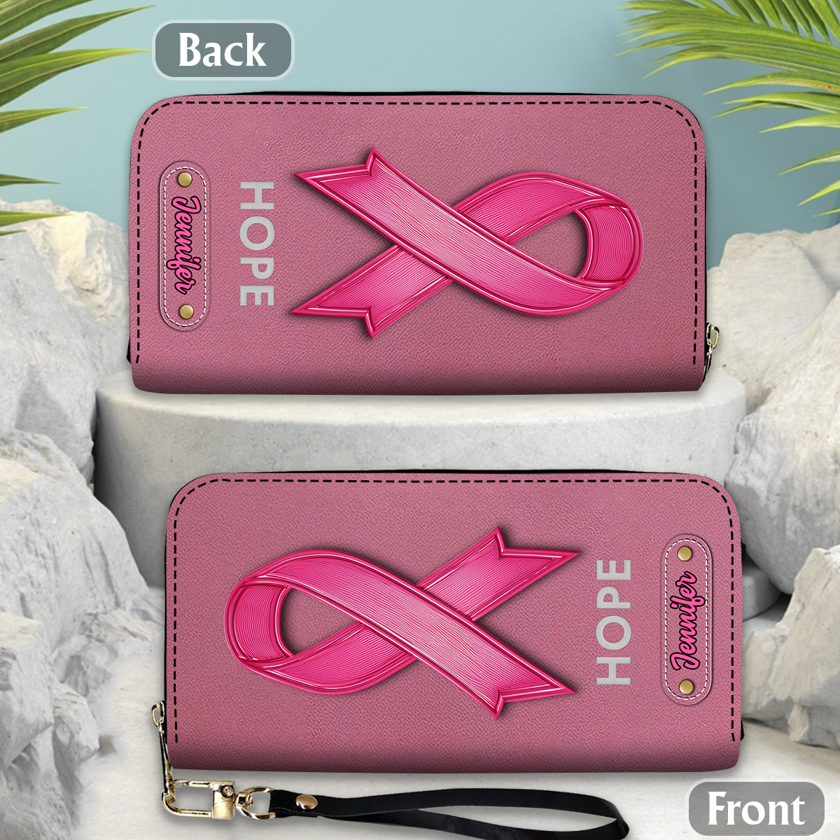 Hope - Personalized Breast Cancer Awareness Leather Long Wallet