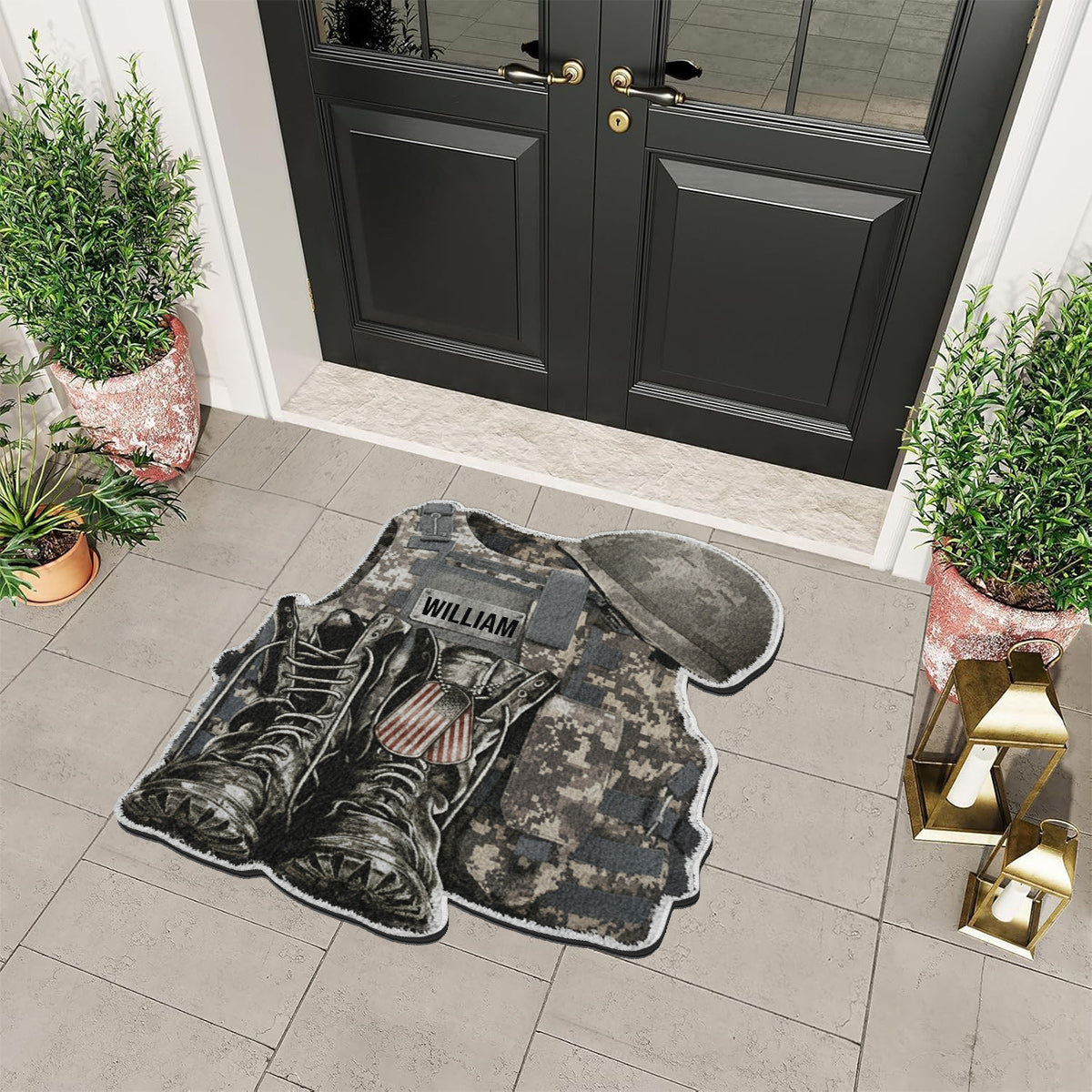 Military Uniform - Boots & Hat - Personalized Veteran Non-Slip Tufted Rug