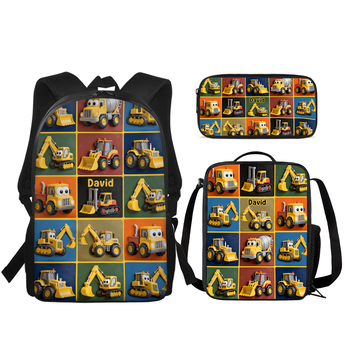 Construction Machines - Personalized Kid Backpack Lunch Bag Pencil Case Set