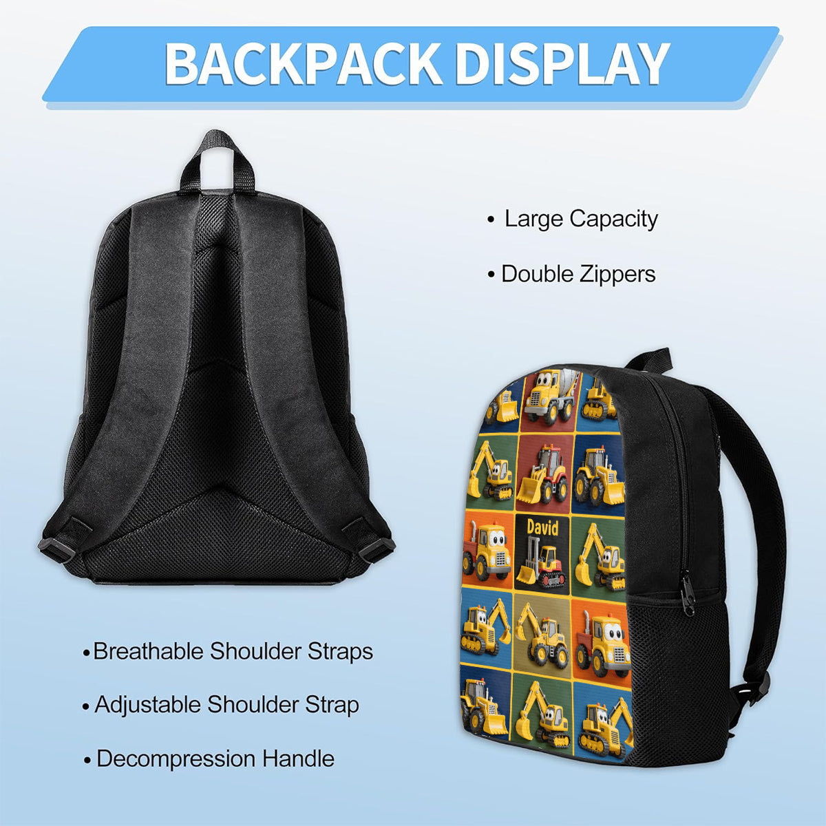 Construction Machines - Personalized Kid Backpack Lunch Bag Pencil Case Set