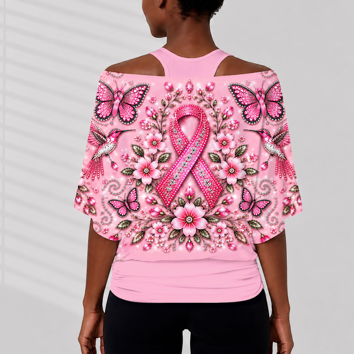 Breast Cancer Awareness - Personalized Breast Cancer Awareness Off-Shoulder Top Set