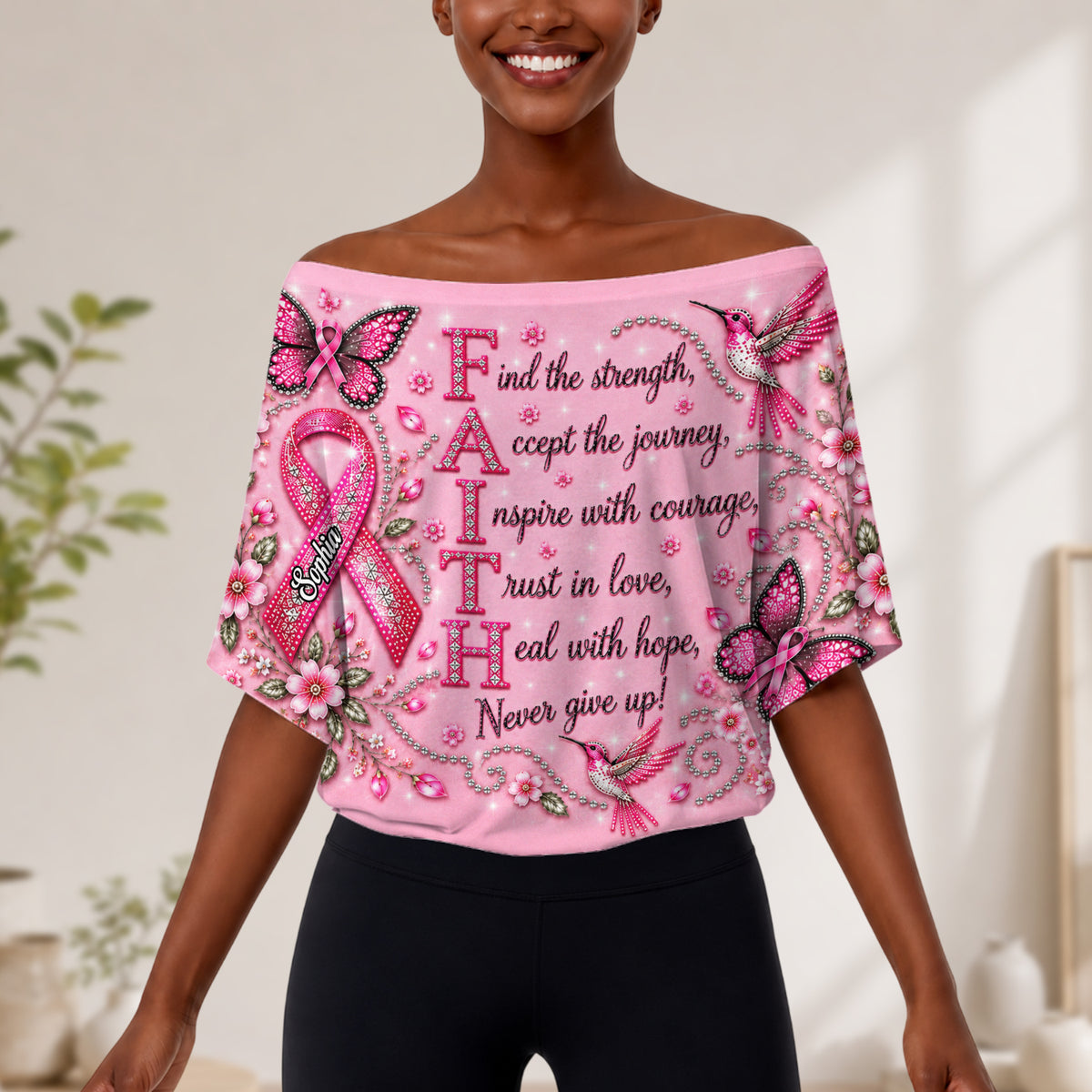 Breast Cancer Awareness - Personalized Breast Cancer Awareness Off-Shoulder Top Set