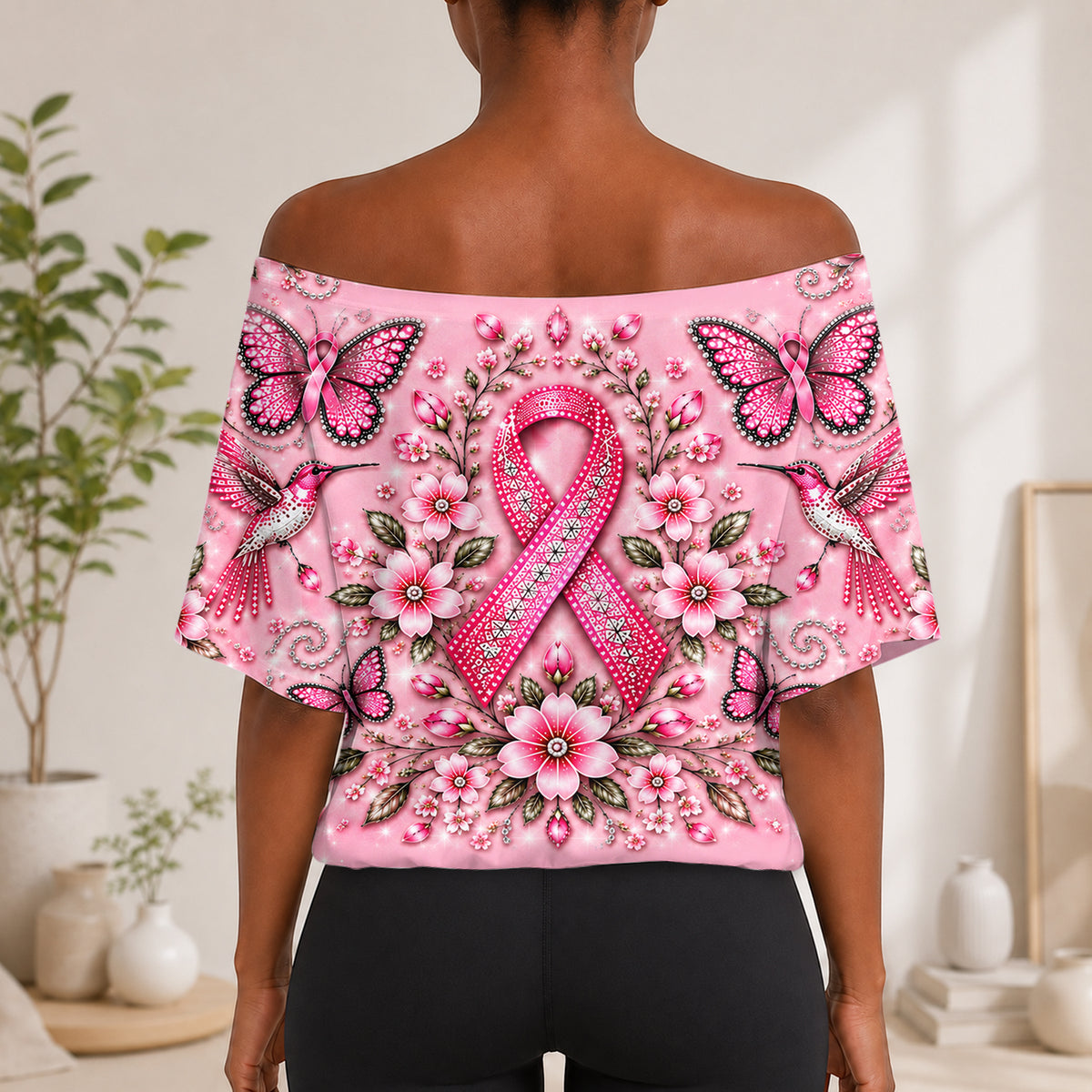 Breast Cancer Awareness - Personalized Breast Cancer Awareness Off-Shoulder Top Set