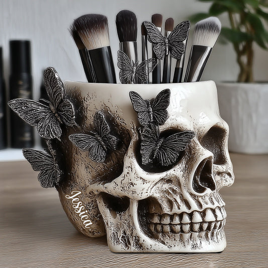 Butterfly Skull - Personalized Skull Wooden Pen Holder