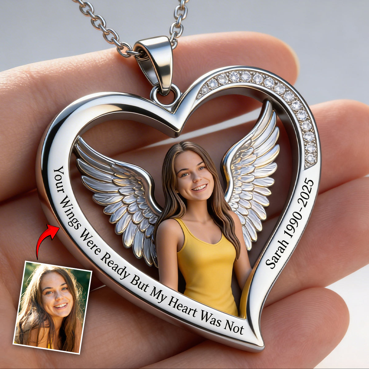 Your Wings Were Ready But My Heart Wear Not - Personalized Memorial Shaped Metal Pendant Necklace
