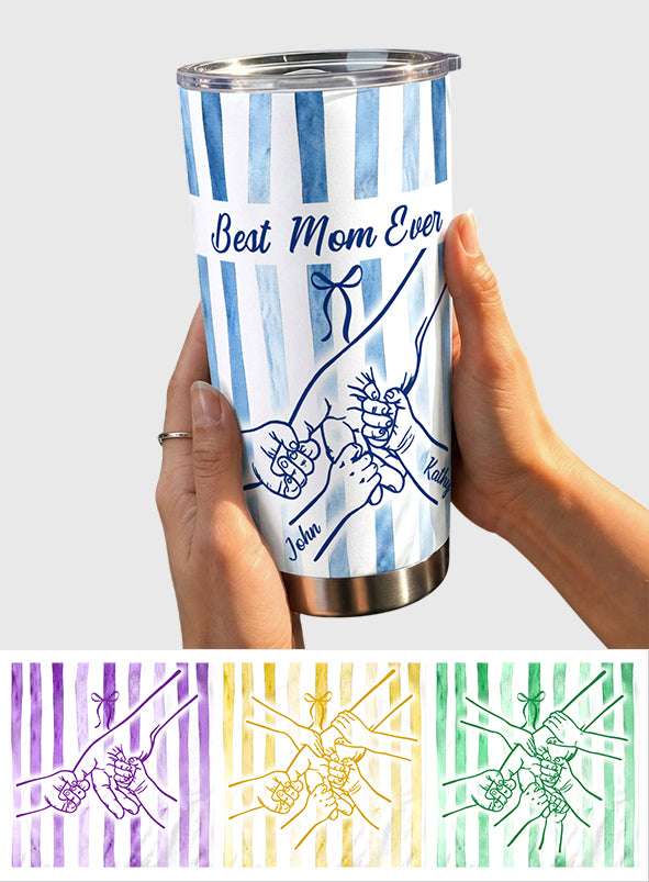 Best Mom Ever Hands Holding Retro Pastel Stripes - Personalized Mother Tumbler