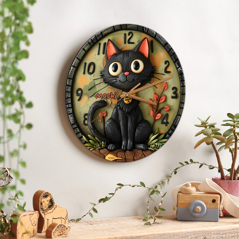 Cute Black Cat - Personalized Black Cat Wall Clock