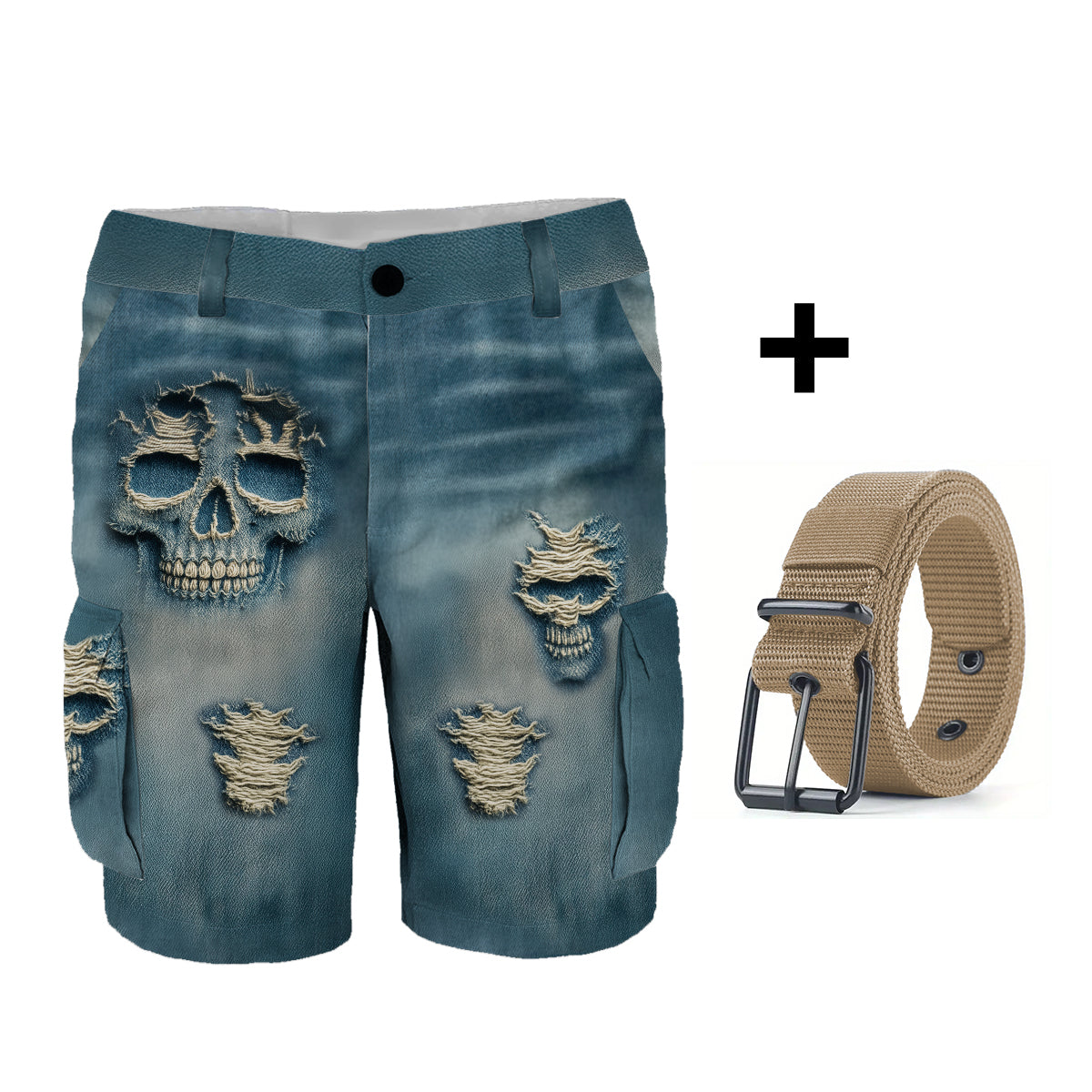 Distressed Skulls - Personalized Skull Cargo Shorts With Belt