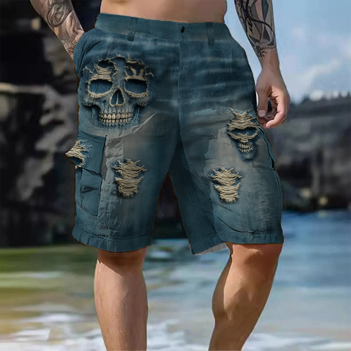 Distressed Skulls - Personalized Skull Cargo Shorts With Belt