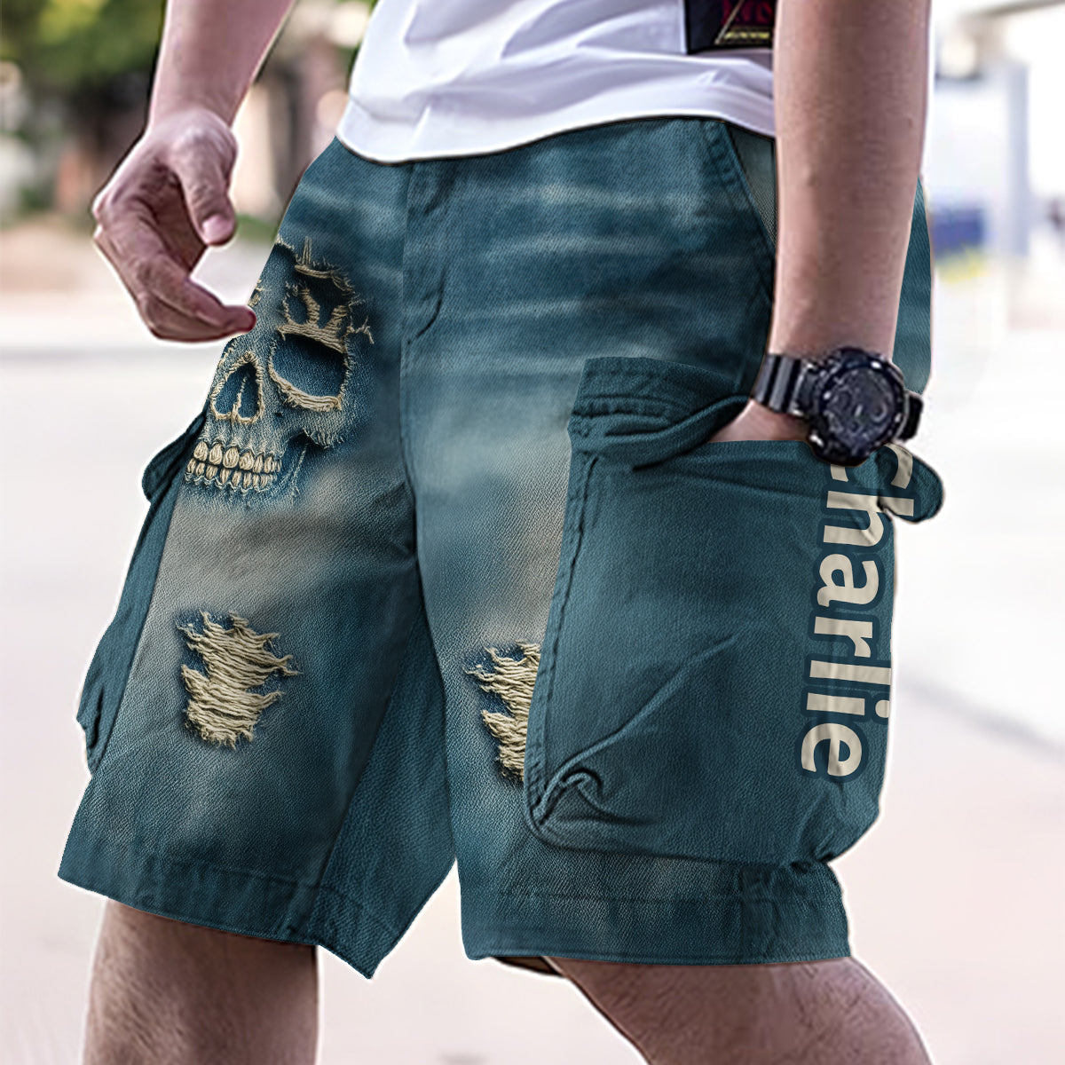 Distressed Skulls - Personalized Skull Cargo Shorts With Belt