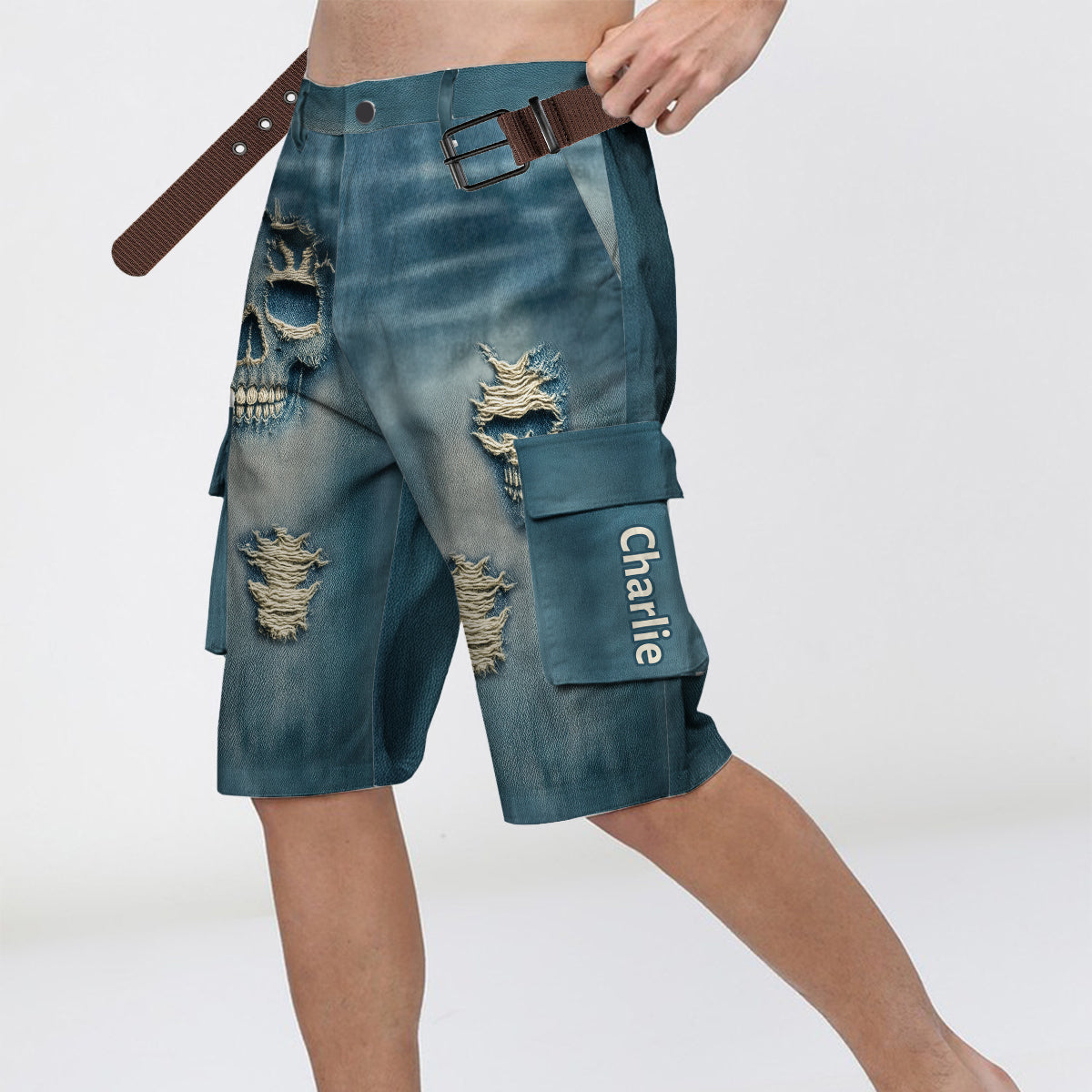 Distressed Skulls - Personalized Skull Cargo Shorts With Belt