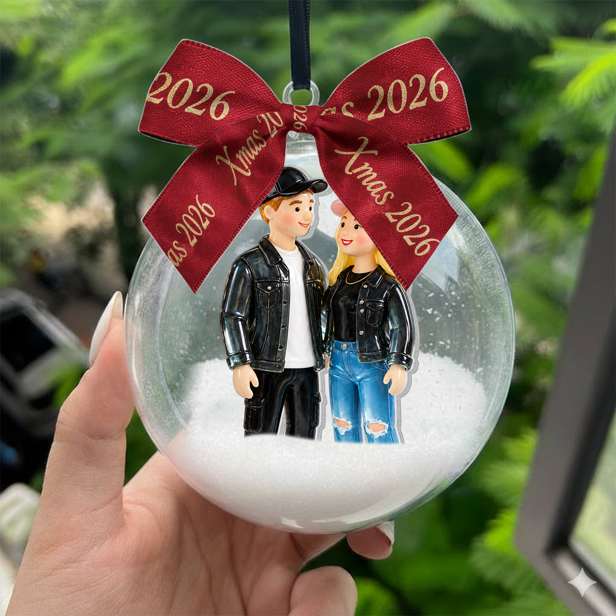 Any Photo, Custom Text in Bow - Personalized Couple Snow Globe Ornament With Bow