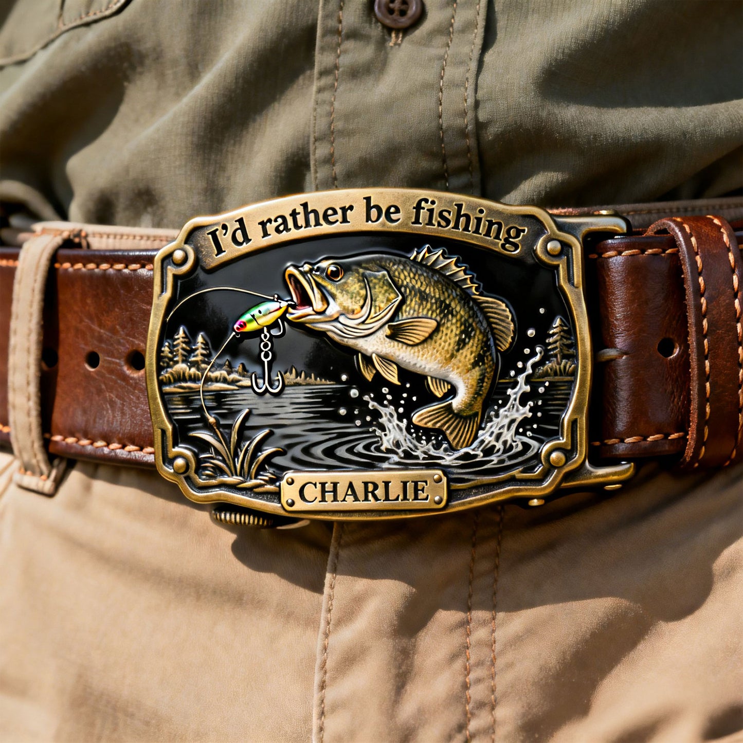 I'd Rather Be Fishing - Personalized Fishing Leather Belt With Shaped Buckle