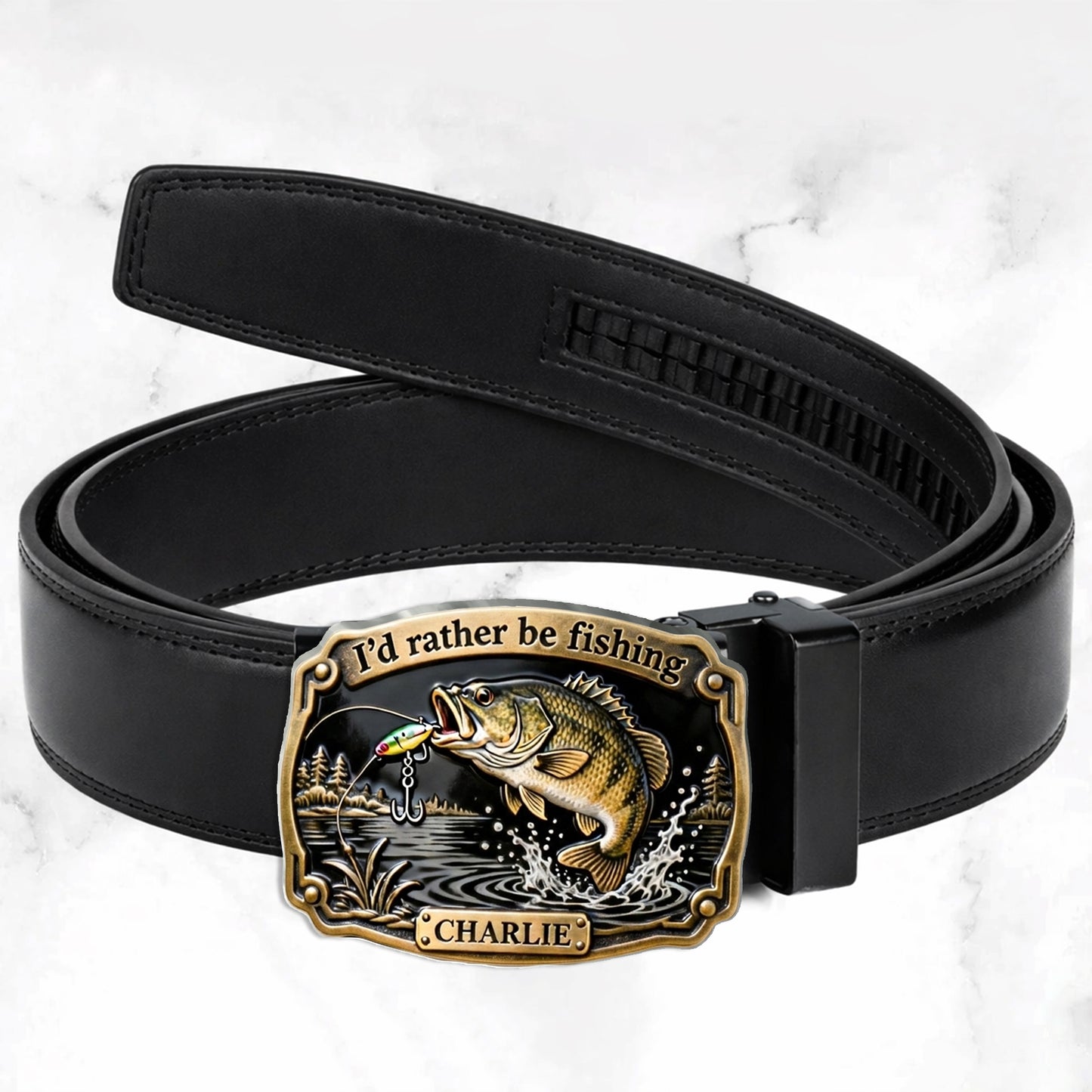 I'd Rather Be Fishing - Personalized Fishing Leather Belt With Shaped Buckle