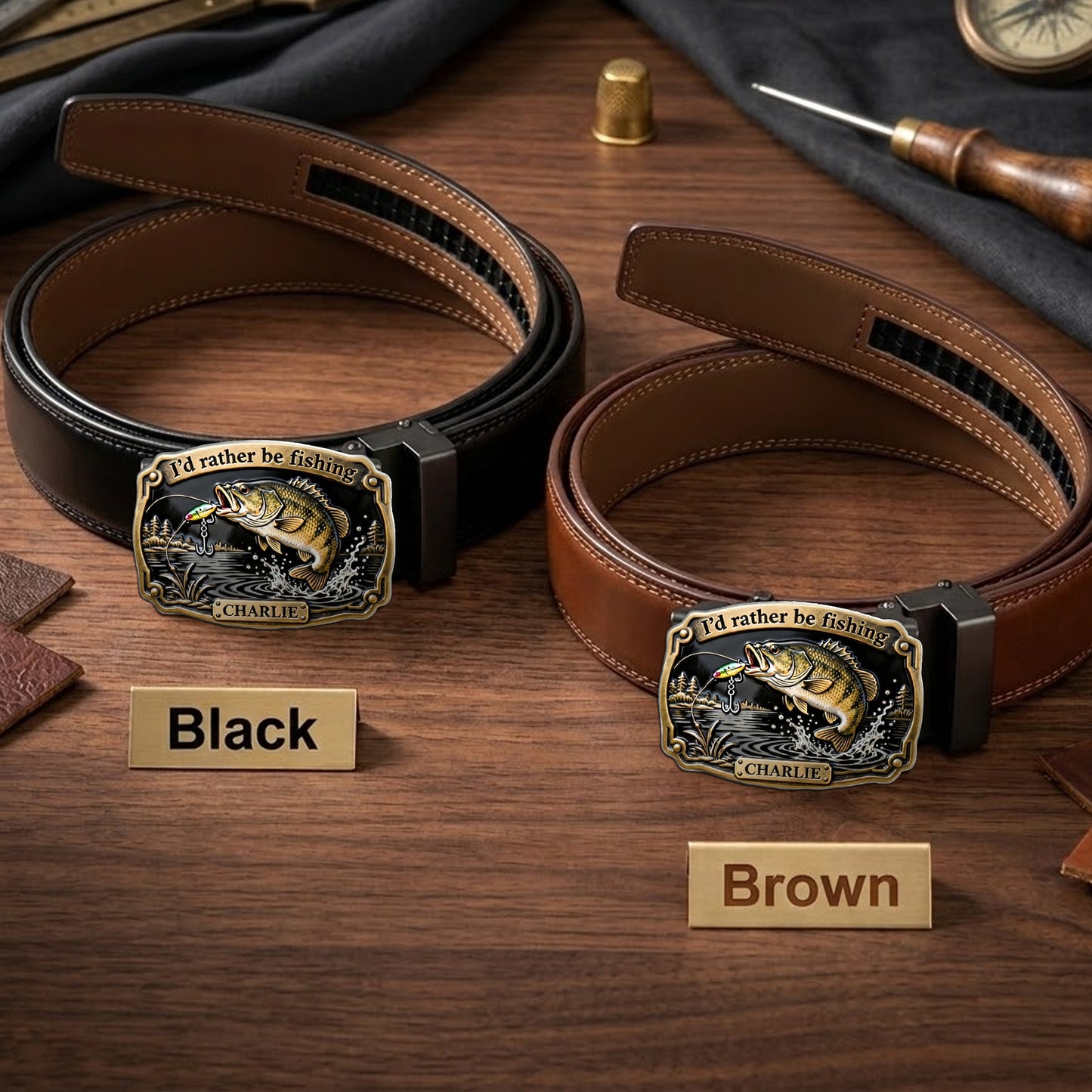 I'd Rather Be Fishing - Personalized Fishing Leather Belt With Shaped Buckle