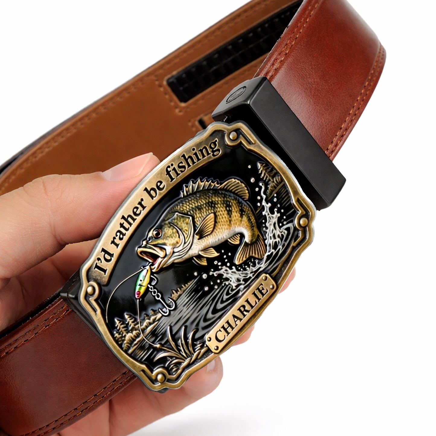I'd Rather Be Fishing - Personalized Fishing Leather Belt With Shaped Buckle