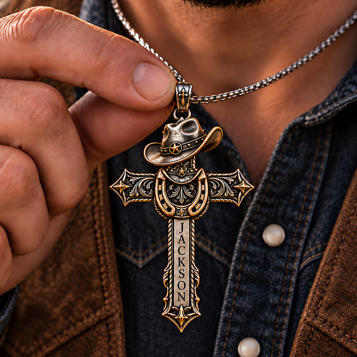 Ride by Faith - Personalized Western Outfit Shaped Metal Pendant Necklace