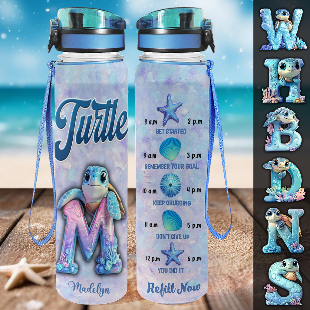 Turtle Alphabet Letter Custom Name - Personalized Turtle Water Tracker Bottle