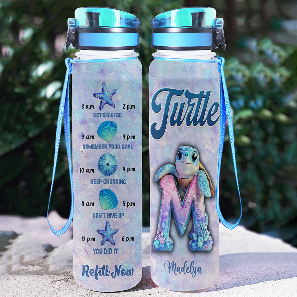 Turtle Alphabet Letter Custom Name - Personalized Turtle Water Tracker Bottle