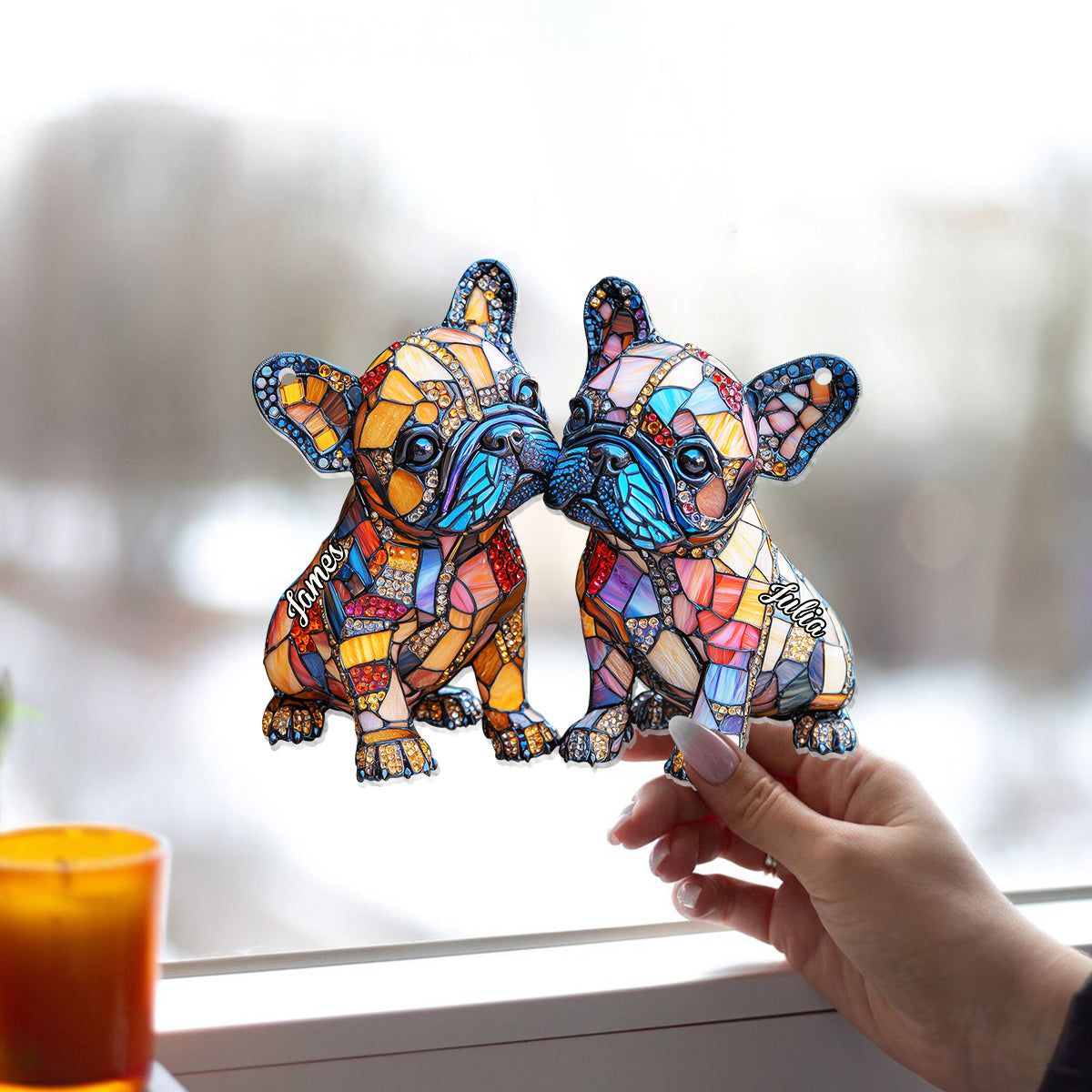 French Bulldog Couple - Personalized French Bulldog Window Hanging Suncatcher Ornament