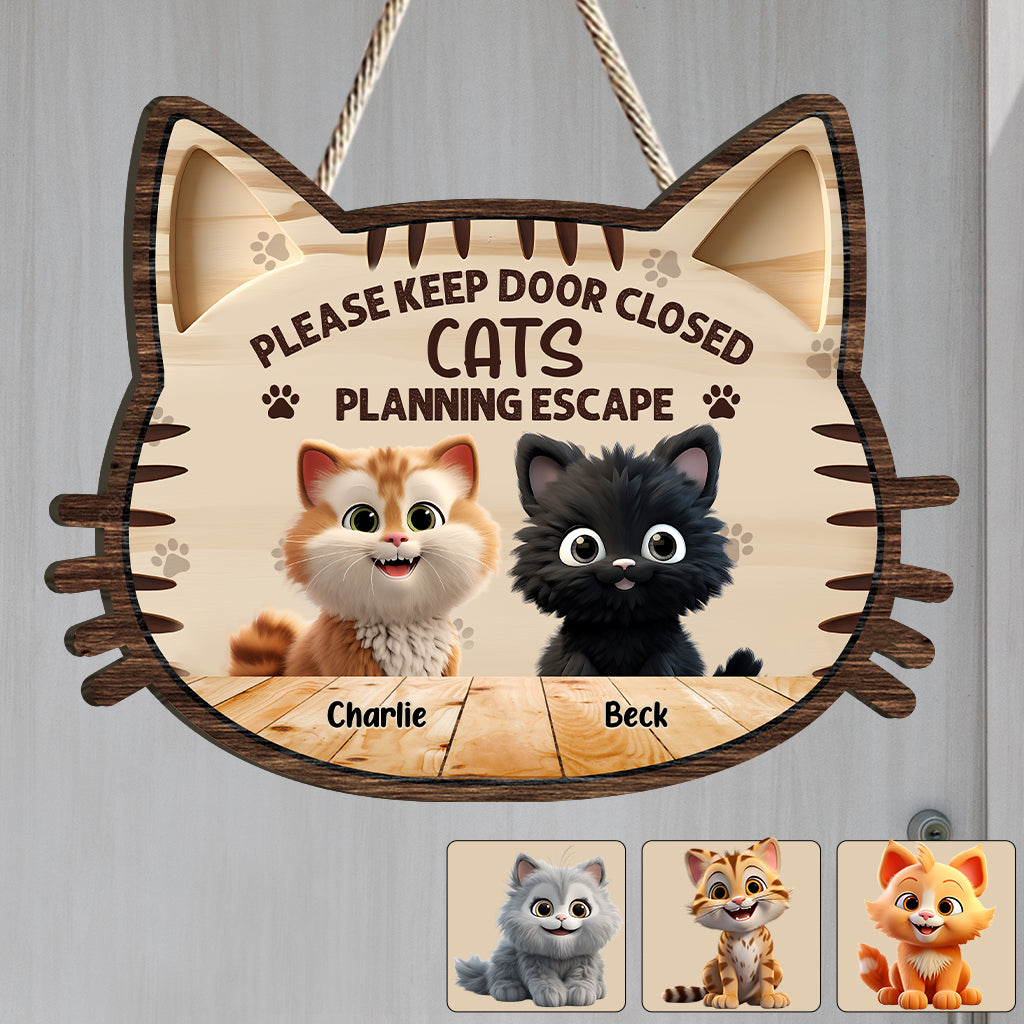 Please Keep Door Close - Personalized Cat Custom Shaped Wood Sign