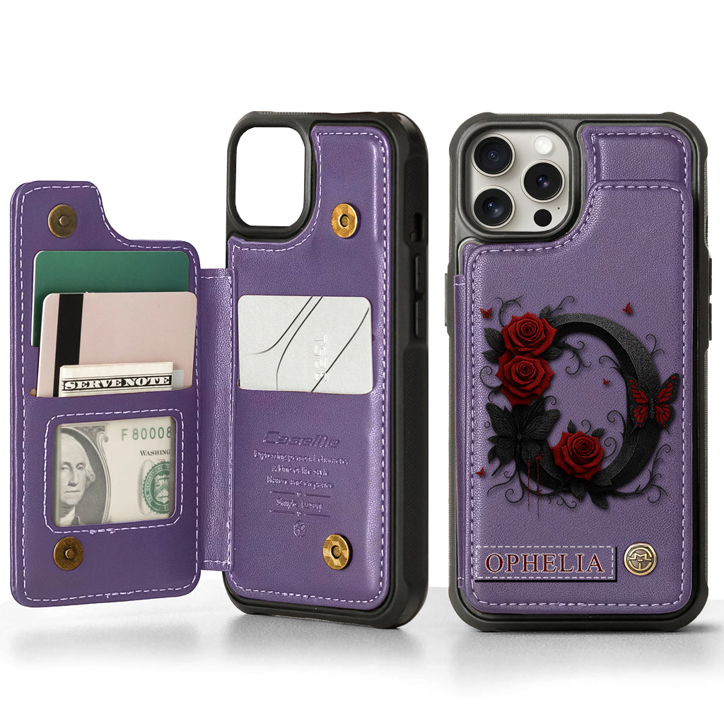 Alphabet Red Rose And Butterflies - Personalized Luxury Wallet Phone Case