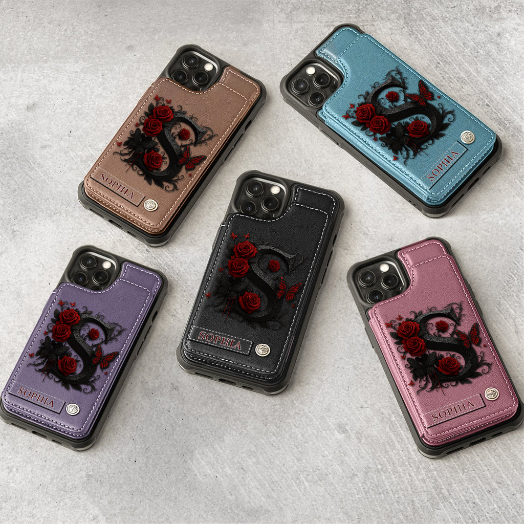 Alphabet Red Rose And Butterflies - Personalized Luxury Wallet Phone Case