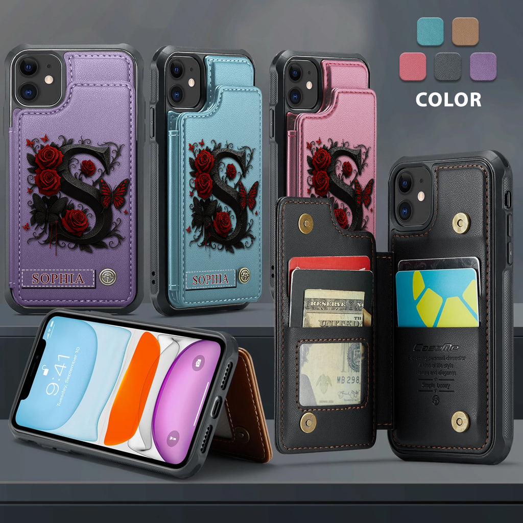 Alphabet Red Rose And Butterflies - Personalized Luxury Wallet Phone Case