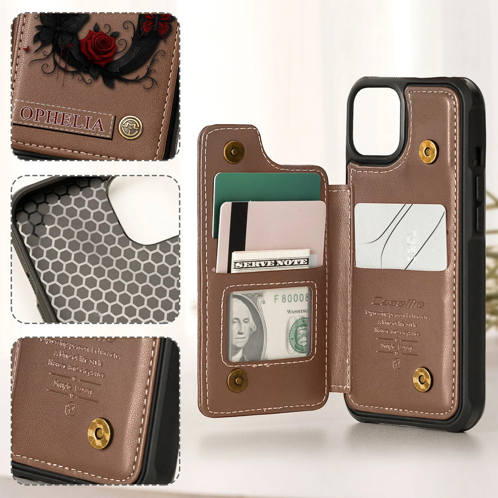 Alphabet Red Rose And Butterflies - Personalized Luxury Wallet Phone Case