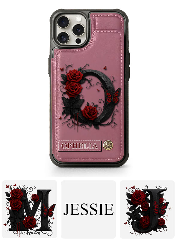 Alphabet Red Rose And Butterflies - Personalized Luxury Wallet Phone Case