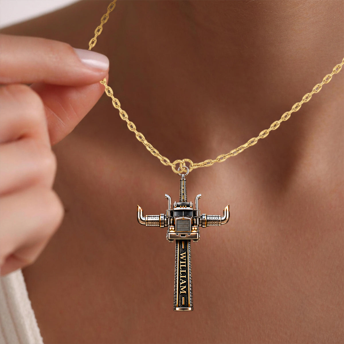 Semi Truck Cross - Personalized Trucker Shaped Metal Pendant Necklace