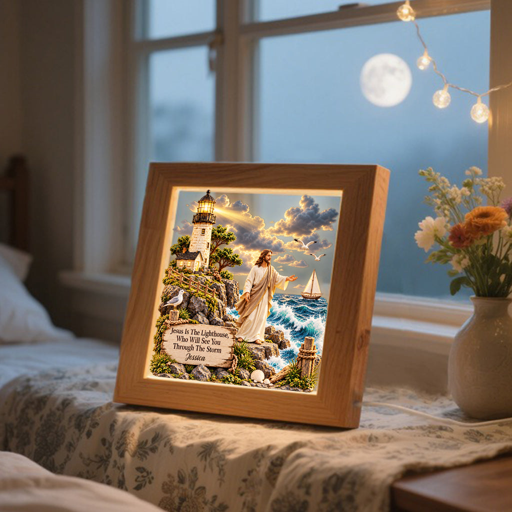 Jesus Is The Lighthouse, Who Will See You Through The Storm - Personalized Christian Wooden Frame LED Light