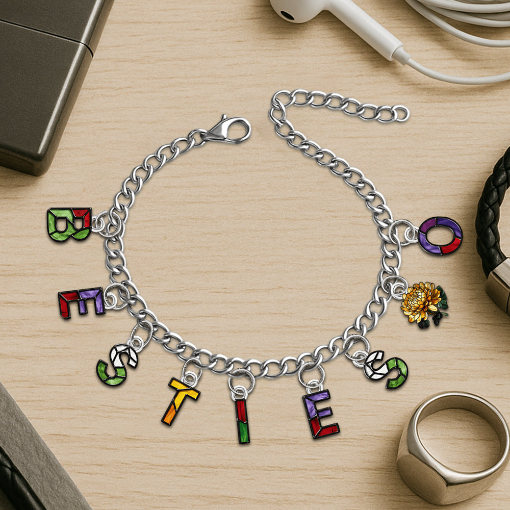Besties With Birth Flowers And Initials - Personalized Bestie Bracelet With Charms