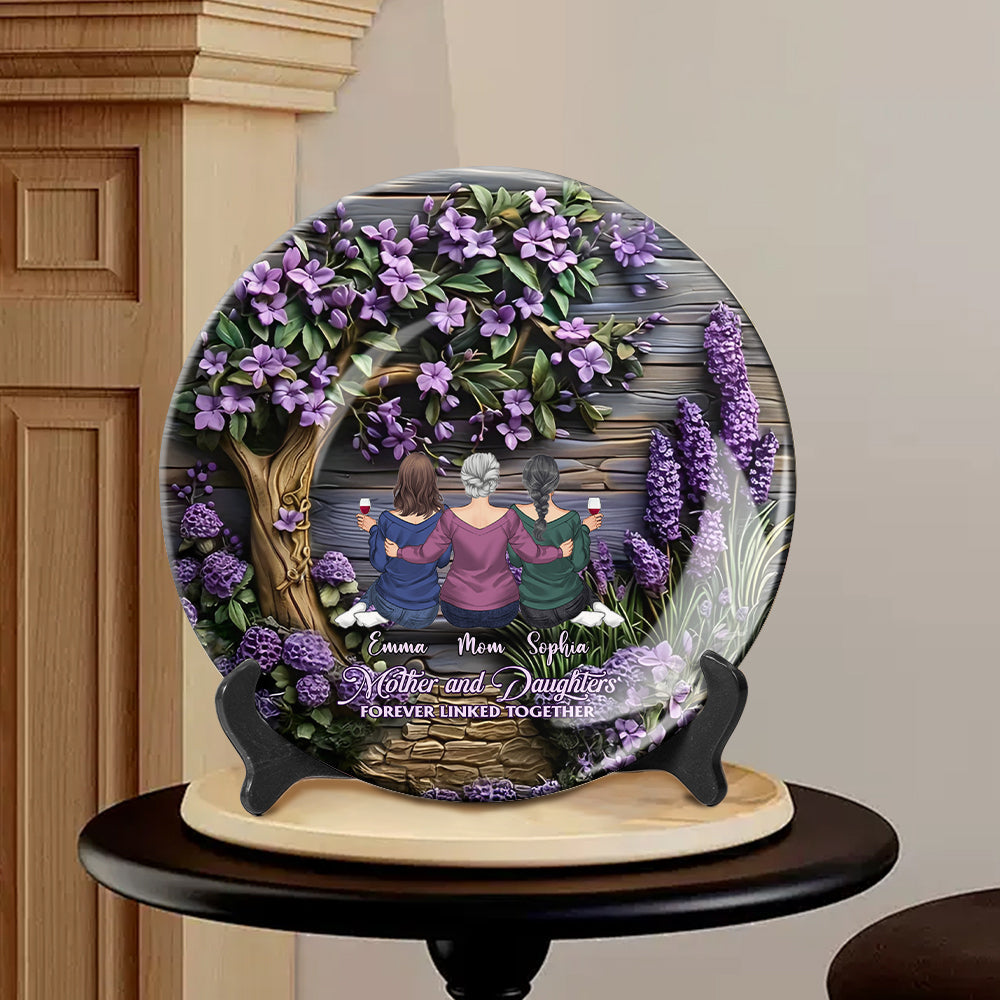 Mother And Daughters Forever Linked Together - Personalized Mother Ceramic Round Plate