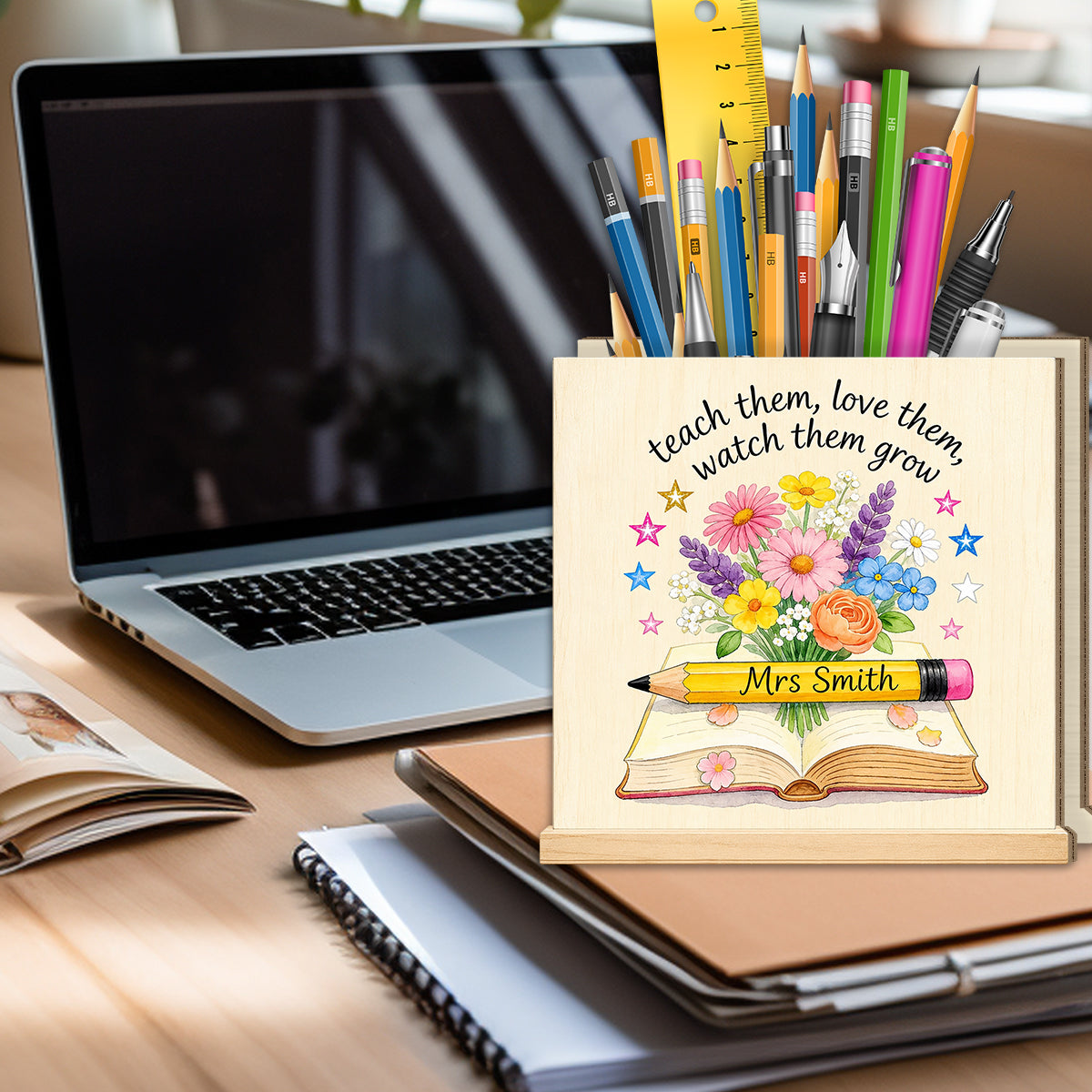 Teacher Gifts Boho Kraft - Personalized Teacher Wooden Desk Organizer