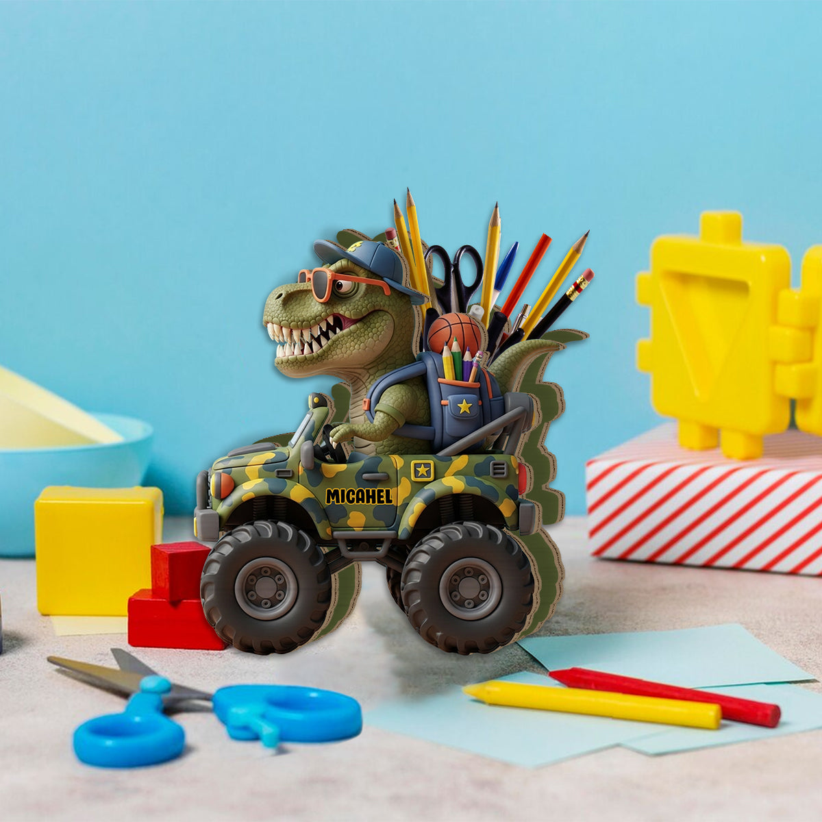 Ready To Crush School - Personalized Dinosaur Wooden Pen Holder