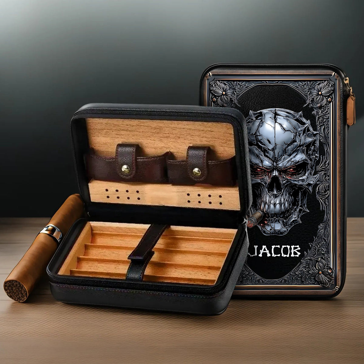 Smoking Skull - Personalized Skull Travel Cigar Humidor Case
