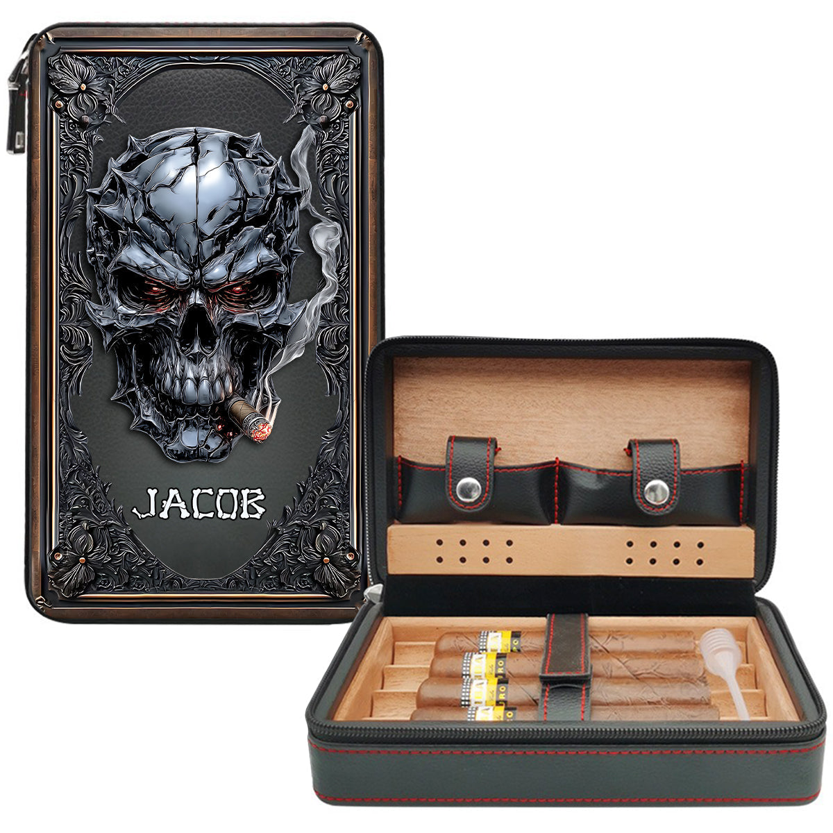 Smoking Skull - Personalized Skull Travel Cigar Humidor Case
