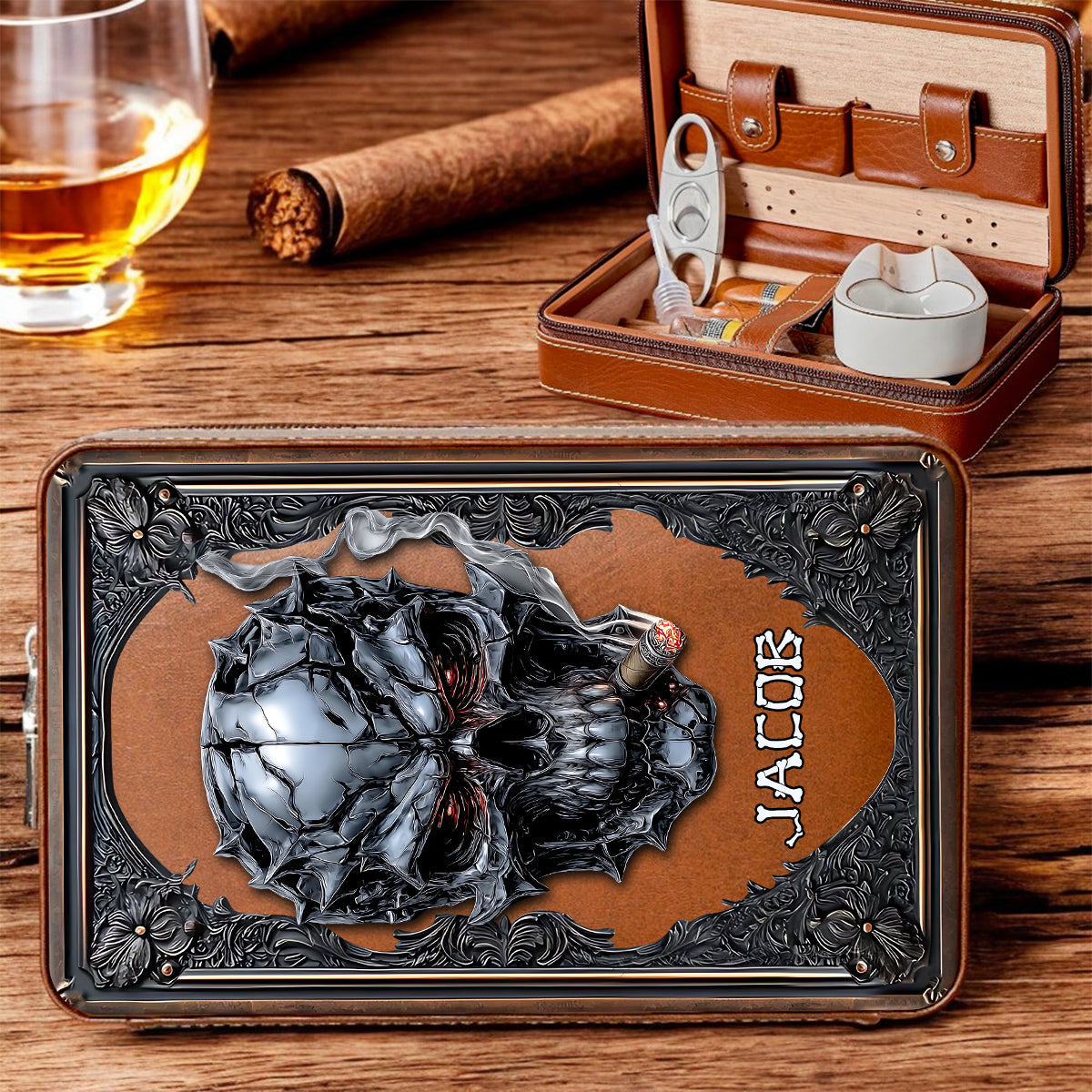 Smoking Skull - Personalized Skull Travel Cigar Humidor Case